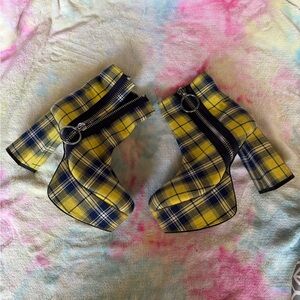 Dolls Kill Current Mood Black and Yellow Plaid Heeled Boots, Discontinued